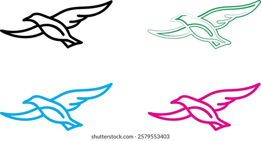 Bird silhouettes, colorful wings, graphic design, minimalist art, flat colors, vector illustration, black pink blue turquoise, flying birds, spread wings, simplified shapes, clean lines, stylized avia