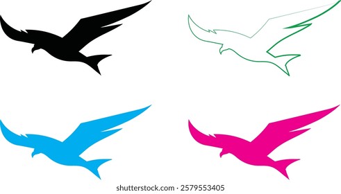 Bird silhouettes, colorful wings, graphic design, minimalist art, flat colors, vector illustration, black pink blue turquoise, flying birds, spread wings, simplified shapes, clean lines, stylized avia