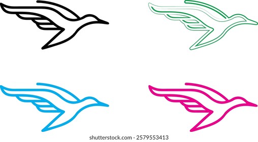 Bird silhouettes, colorful wings, graphic design, minimalist art, flat colors, vector illustration, black pink blue turquoise, flying birds, spread wings, simplified shapes, clean lines, stylized avia