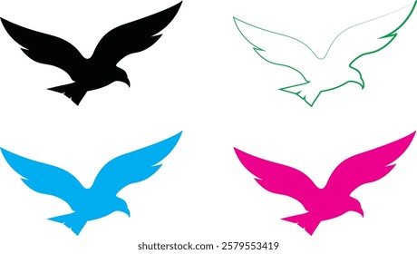 Bird silhouettes, colorful wings, graphic design, minimalist art, flat colors, vector illustration, black pink blue turquoise, flying birds, spread wings, simplified shapes, clean lines, stylized avia