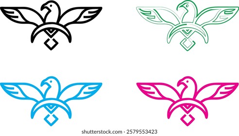 Bird silhouettes, colorful wings, graphic design, minimalist art, flat colors, vector illustration, black pink blue turquoise, flying birds, spread wings, simplified shapes, clean lines, stylized avia