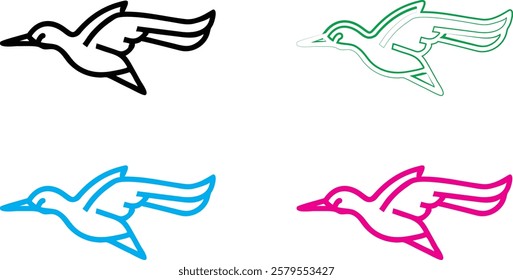 Bird silhouettes, colorful wings, graphic design, minimalist art, flat colors, vector illustration, black pink blue turquoise, flying birds, spread wings, simplified shapes, clean lines, stylized avia