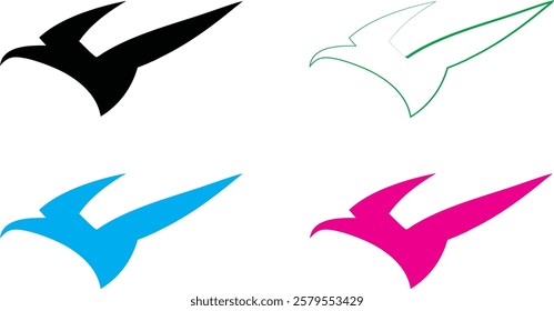 Bird silhouettes, colorful wings, graphic design, minimalist art, flat colors, vector illustration, black pink blue turquoise, flying birds, spread wings, simplified shapes, clean lines, stylized avia