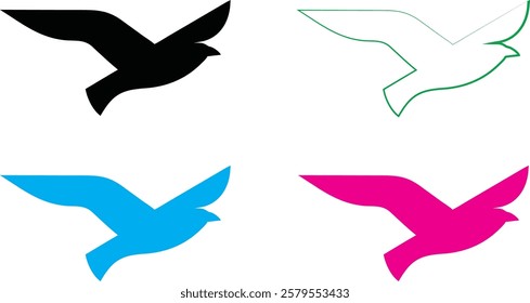 Bird silhouettes, colorful wings, graphic design, minimalist art, flat colors, vector illustration, black pink blue turquoise, flying birds, spread wings, simplified shapes, clean lines, stylized avia