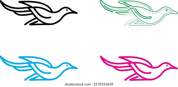 Bird silhouettes, colorful wings, graphic design, minimalist art, flat colors, vector illustration, black pink blue turquoise, flying birds, spread wings, simplified shapes, clean lines, stylized avia