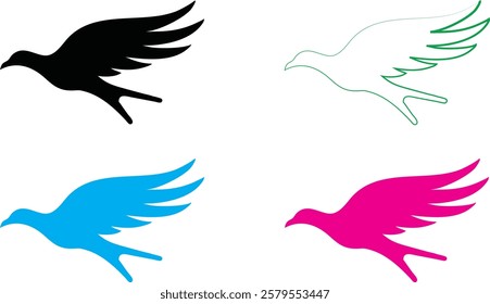 Bird silhouettes, colorful wings, graphic design, minimalist art, flat colors, vector illustration, black pink blue turquoise, flying birds, spread wings, simplified shapes, clean lines, stylized avia