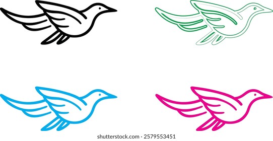 Bird silhouettes, colorful wings, graphic design, minimalist art, flat colors, vector illustration, black pink blue turquoise, flying birds, spread wings, simplified shapes, clean lines, stylized avia