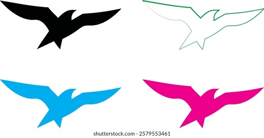 Bird silhouettes, colorful wings, graphic design, minimalist art, flat colors, vector illustration, black pink blue turquoise, flying birds, spread wings, simplified shapes, clean lines, stylized avia