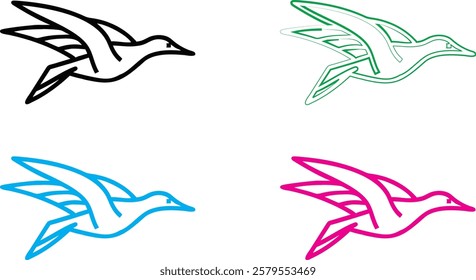 Bird silhouettes, colorful wings, graphic design, minimalist art, flat colors, vector illustration, black pink blue turquoise, flying birds, spread wings, simplified shapes, clean lines, stylized avia