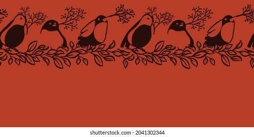 Bird silhouettes with leaves branches seamless border fall or autumn print. Vector illustration. For kids or home decor projects. Surface pattern design.