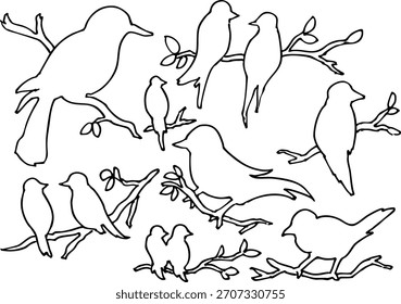 Bird Silhouettes on Branches Line Art｜Nature and Wildlife Illustration Set