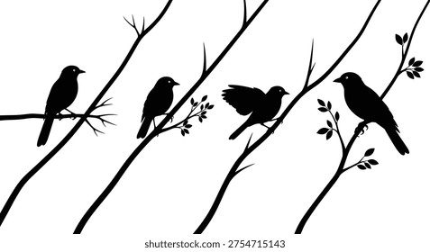 Bird silhouettes perched on tree branches, nature vector illustration, wildlife artwork design, avian shadow graphics, forest bird icons, decorative plant artwork