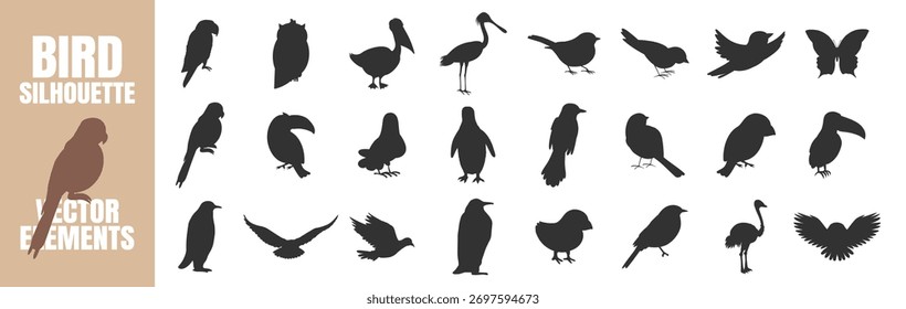 Conjunto de siluetas de pájaros. Varias aves voladoras y sentadas Ilustración vectorial sobre fondo transparente