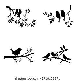 Siluetas de pájaros sentados en las ramas de los árboles creando una escena de naturaleza pacífica. Ideal para el arte de la vida silvestre, ilustraciones al aire libre, decoración de la pared, y fondos creativos.