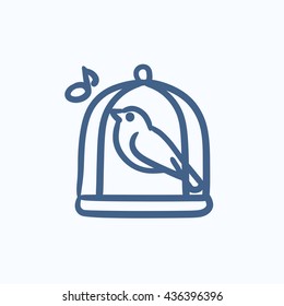 Bird singing in cage vector sketch icon isolated on background. Hand drawn Bird singing in cage icon. Bird singing in cage sketch icon for infographic, website or app.