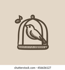 Vogel singt in Käfig Vektorgrafik Symbol einzeln auf Hintergrund. Handgezeichneter Vogel singt im Käfigsymbol. Vogel singen in Käfigskizze Symbol für Infografik, Website oder App.