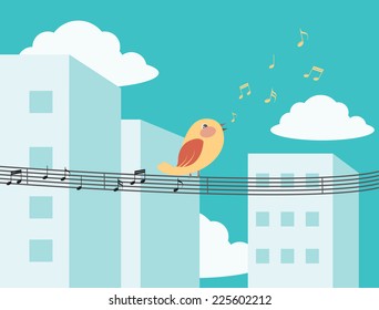 Bird singing in the city with melody notes