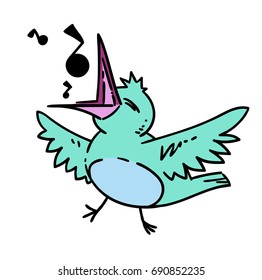Bird singing, hand drawn cartoon. Colorful artwork with color on separate layer.