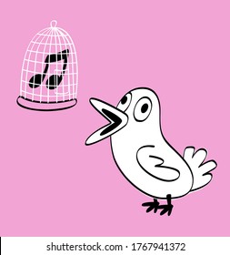 Bird singing with a musical note in a cage. Hand drawn cartoon style vector illustration on a pink background. Conceptual illustration.