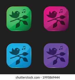 Bird Singing On A Branch With Leaves four color glass button icon