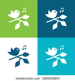 Bird Singing On A Branch With Leaves Flat four color minimal icon set