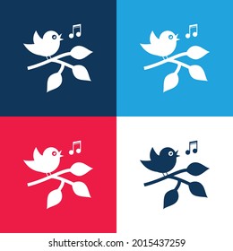 Bird Singing On A Branch With Leaves blue and red four color minimal icon set