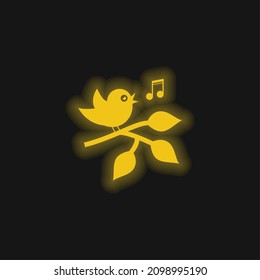 Bird Singing On A Branch With Leaves yellow glowing neon icon