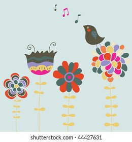 Bird singing on flowers