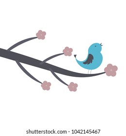bird singing on heart tree branch and flower. symbol of spring