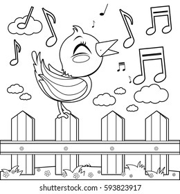 Bird singing on a wooden fence. Vector black and white coloring page.
