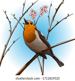 A bird sings on a branch. Vector illustration