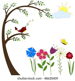 Bird sings while sitting on a tree branch. Vector illustration.