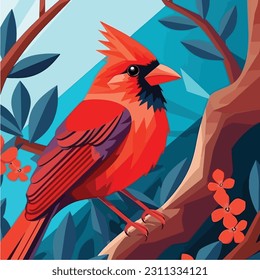 Bird sits branch tree. Nightingale branches with leaves. Beautiful vector illustration with birds, Japanese flowers, tree, spring wallpaper, branches. Ideal for wallpapers, surface textures