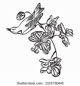 A bird sits on a branch of an orchid. Ornament with tropical bird and orchid flowers. Orchid branch vector drawing. Contour black and white drawing. Vector illustration. Tattoo design.
