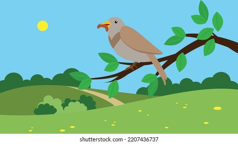 A bird sits on a branch with a worm in its beak