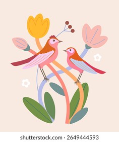 Un pájaro se sienta en ramas con flores. Pájaros lindos en estilo decorativo.