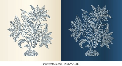 Pájaro se sienta en una rama. Mughal floral ornamental decorativo. Antiguas intrincado estilo mogol tradicional con flores y follaje. Ilustración vectorial.