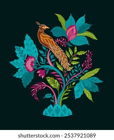 Bird sits on a branch.Mughal decorative ornamental floral. Vintage intricate traditional mughal style with flowers and foliage. Vector illustration.