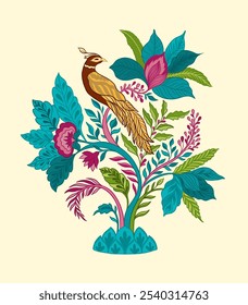 Bird sits on a branch.Mughal decorative ornamental floral. Vintage intricate traditional mughal style with flowers and foliage. Vector illustration.