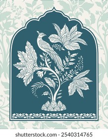 Bird sits on a branch.Mughal decorative ornamental floral. Vintage intricate traditional mughal style with flowers and foliage. Vector illustration.