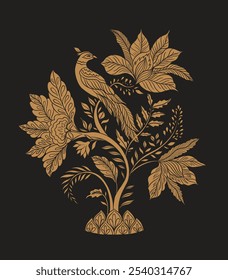 Bird sits on a branch.Mughal decorative ornamental floral. Vintage intricate traditional mughal style with flowers and foliage. Vector illustration.