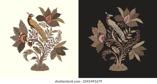 Pájaro se sienta en una rama. Mughal floral ornamental decorativo. Antiguas intrincado estilo mogol tradicional con flores y follaje. Ilustración vectorial.