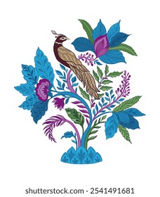 Bird sits on a branch.Mughal decorative ornamental floral. Vintage intricate traditional mughal style with flowers and foliage. Vector illustration.