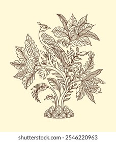 Bird sits on a branch.Mughal decorative ornamental floral. Vintage intricate traditional mughal style with flowers and foliage. Vector illustration.