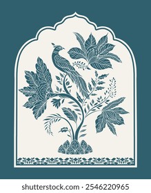 Bird sits on a branch.Mughal decorative ornamental floral. Vintage intricate traditional mughal style with flowers and foliage. Vector illustration.