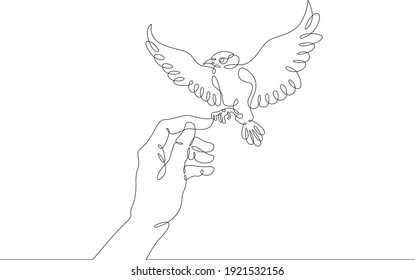 Der Vogel sitzt auf der menschlichen Hand. Vogel fliegt in der Luft. Offene Handfläche. Ein Logo mit durchgehender Zeichnungslinie, einhandgezeichnet, Kunstdoodle einzeln auf minimaler Ebene.