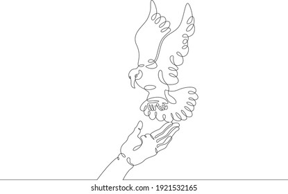 The bird sits on the human hand. Bird flying in the air. Open palm. One continuous drawing line  logo single hand drawn art doodle isolated minimal illustration.