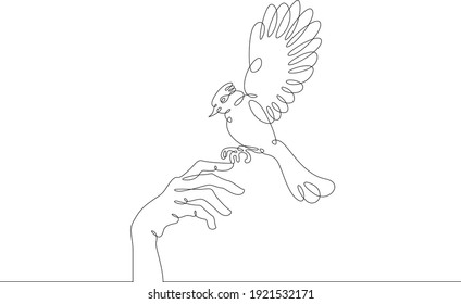 The bird sits on the human hand. Bird flying in the air. Open palm. One continuous drawing line  logo single hand drawn art doodle isolated minimal illustration.