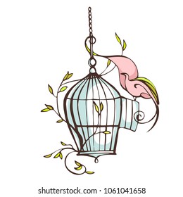 A bird sits on an open cell door with branches with spring green leaves