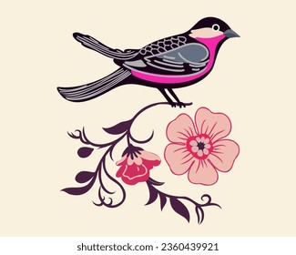 The bird sits on a rose branch, vector illustration